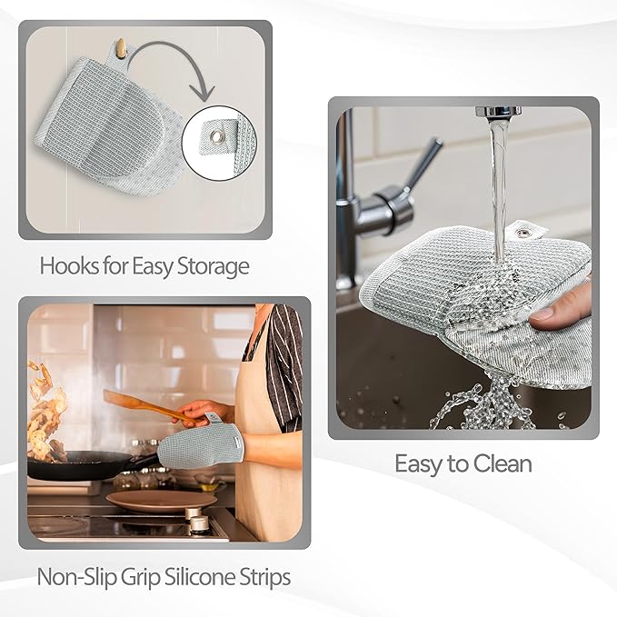 Casa Platino Heat Resistant Oven Mitts & Potholders, 4-Piece – Oven Mitts and Pot Holders Sets for Baking, Grilling & Microwave – Withstands Heat Up to 500°F, Non-Slip, Machine Washable – Grey