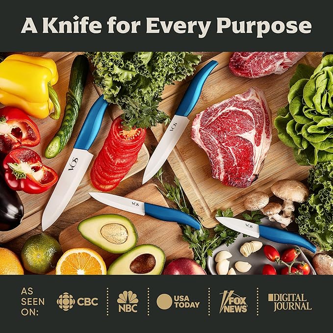 Vos Ceramic Knife Set with Block, Ceramic Knives Set For Kitchen, Ultra Sharp Kitchen Knife Set with Covers, 3" 4" 5" 6" Chef Knife, Utility, Paring & Versatile, Lightweight, Dishwasher safe (Blue)
