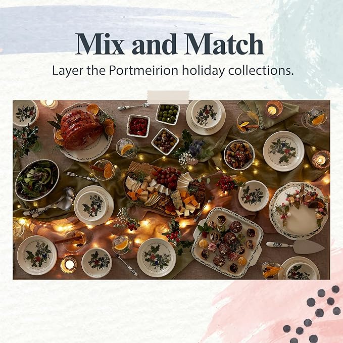 Portmeirion Holly and Ivy 6.5" Cereal Bowls (Set of 6) - Dishwasher & Microwave Safe Round Bowls, Hand-Decorated Earthenware, Everyday Breakfast Bowls for Holiday Dinnerware