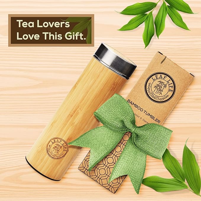 LeafLife Premium Bamboo Tea Bottle for Loose Tea - Tea Infuser Bottle - Tea Gifts - Insulated Water Bottle/Coffee Tumbler/Tea - Tea Gift Set, Tea Accessories - Tea Tumbler 22oz