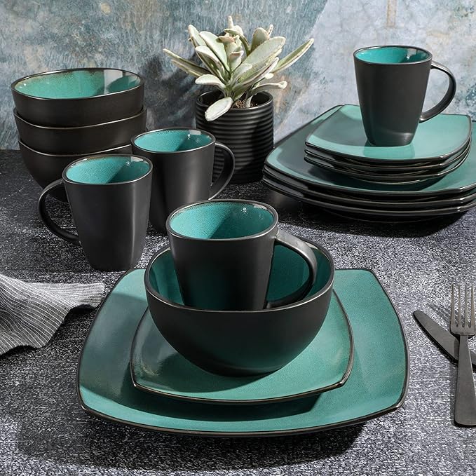 Gibson Elite Soho Lounge 16-Piece Reactive Glaze Dinnerware Set, Teal/Black Two-Tone