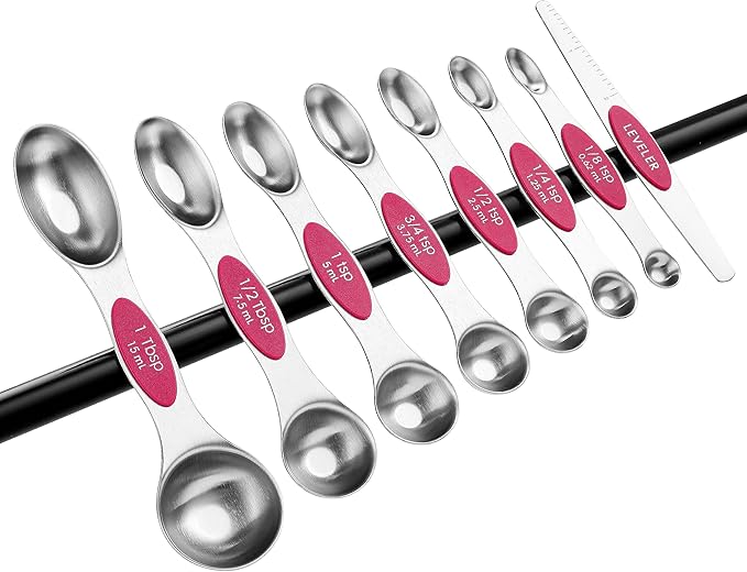 Spring Chef Magnetic Measuring Spoons Set, Dual Sided, Stainless Steel, Fits in Spice Jars, Pink, Set of 8, 2 Pack