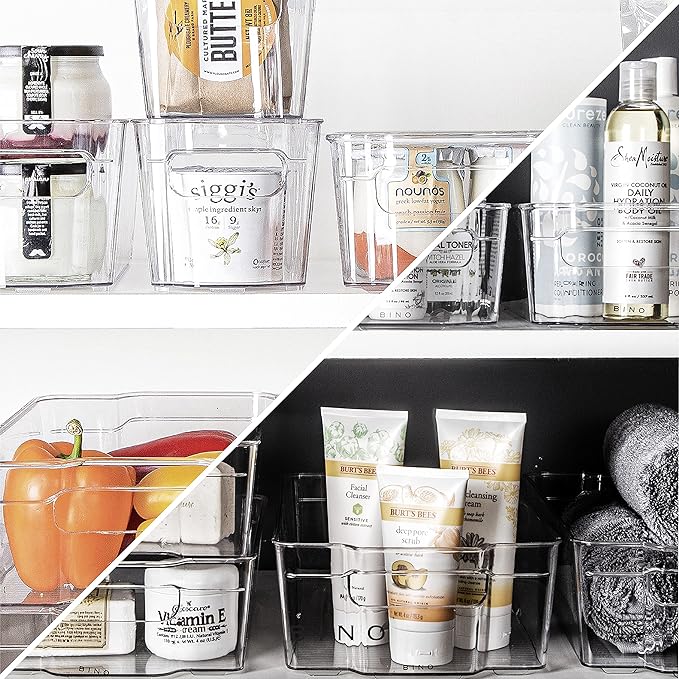 BINO | Stackable Storage Bins, X-Large - 4 Pack | THE STACKER COLLECTION | Clear Plastic Storage Bins | Organization Containers for Pantry & Fridge | Multi-Use Organizer Bin | BPA-Free