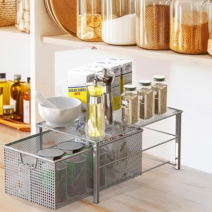 Deco Brothers Stackable Pull Out Cabinet Sliding Basket with Dividers, Large, Silver