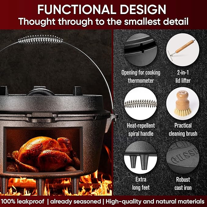 Pre-Seasoned Dutch Oven Set - 9 Quart Cast Iron Dutch Oven Pot with Lid, Fire Pot with Feet for Bread Baking & Cooking - Includes 2-in-1 Lid Lifter, Brush & Recipe Book [for 4-7 People]