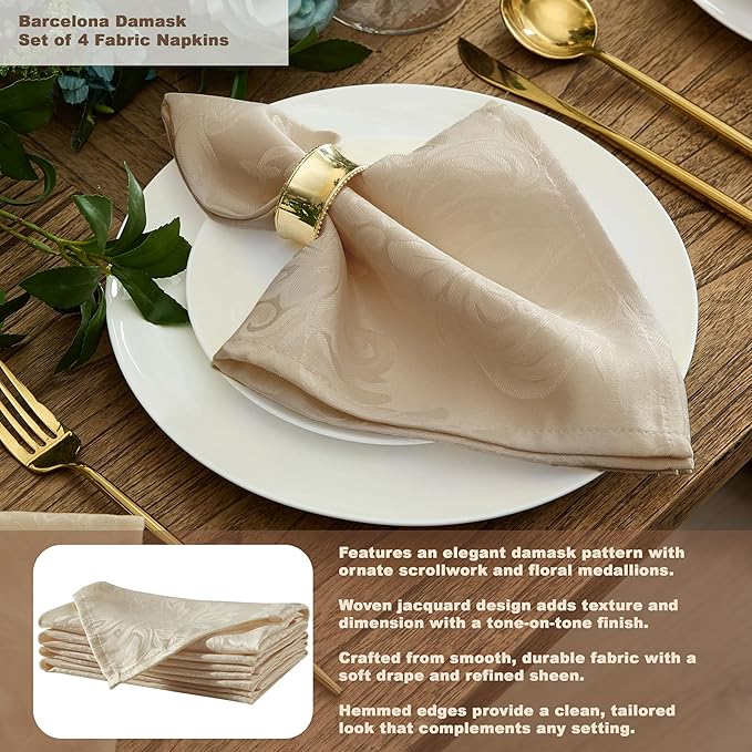 Newbridge Barcelona Luxury Damask Fabric Tablecloth, 70” Extra Wide x 144” Rectangle, Golden Beige, 100% Polyester, No Iron, Soil Resistant Dining Room, Party and Banquet Table Cover