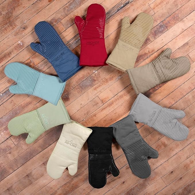 All-Clad Silicone Oven Mitts: Heat Resistant up to 500 Degrees - 100% Cotton & Silicone, 14"x7" Oven Mitt for Kitchen and Barbeque, 2-Pack, Titanium