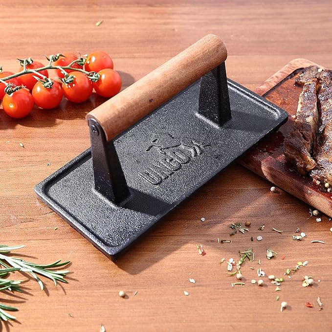 UNCO- Cast Iron Grill Press, 8.5 x 4.1 Inch, 2.6 lbs, Burger Press for Griddle, Sandwich Press, Bacon Press for Griddle, Griddle Press, Meat Press Cast Iron, Hamburger Press for Griddle