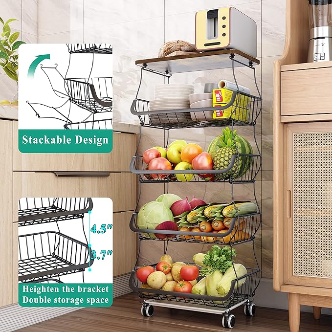 SAYZH Fruit Basket Kitchen Pantry Organizers and Storage - Wooden Top Table, Stackable Metal Wire Basket Stand Cart for Fruit Vegetable Snacks Onion Potato Organization, Black