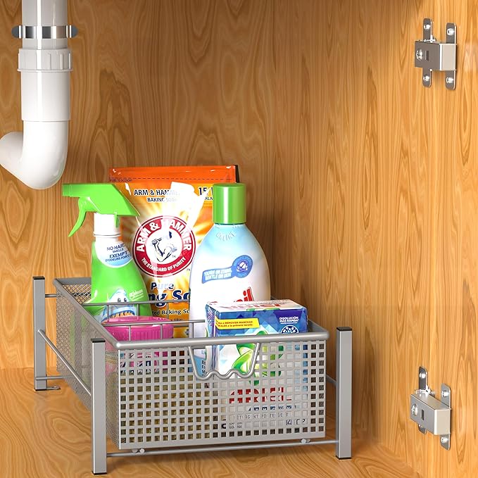 Deco Brothers Pull Out Cabinet Sliding Basket with Dividers Open Top, Medium, Silver