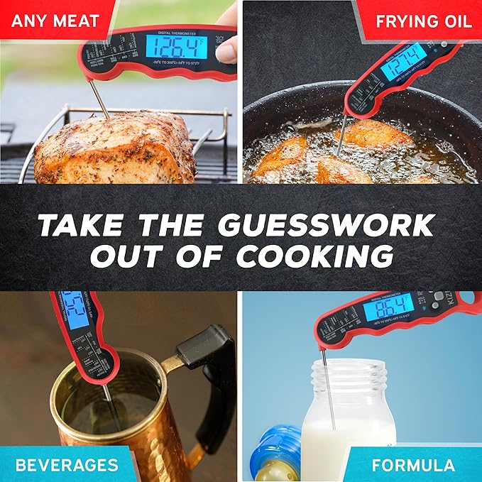 KIZEN Instant Read Meat Thermometer Digital - Food Thermometer for Cooking, Grill, Oven, BBQ - IP67 Rated Waterproof - Large Backlit Display and Magnetic Back
