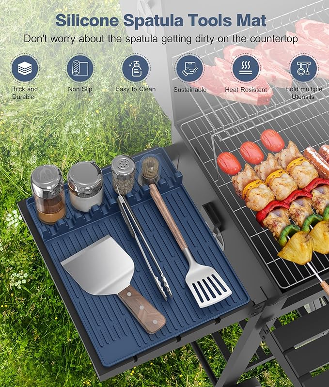 Silicone Griddle Tools Mat for Blackstone - Large Silicone Spatula Mat with Drip Pad - Griddle Mats BBQ Grill Accessories - Side Shelf Mats Grill Pad for Blackstone Griddles Accessories (Blue)