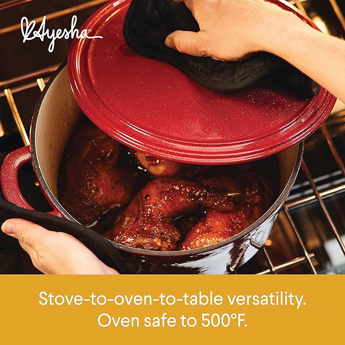 Ayesha Curry Cast Iron Enamel Casserole Dish/ Casserole Pan / Dutch Oven with Lid - 6 Quart, Sienna Red