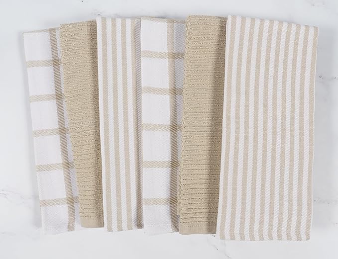 KAF Home Premium Kitchen Towels (18" x 28"), Large 100% Cotton, Flat & Terry Absorbent Dish Towel Set (Beige, 18 x 28-6 Pack)