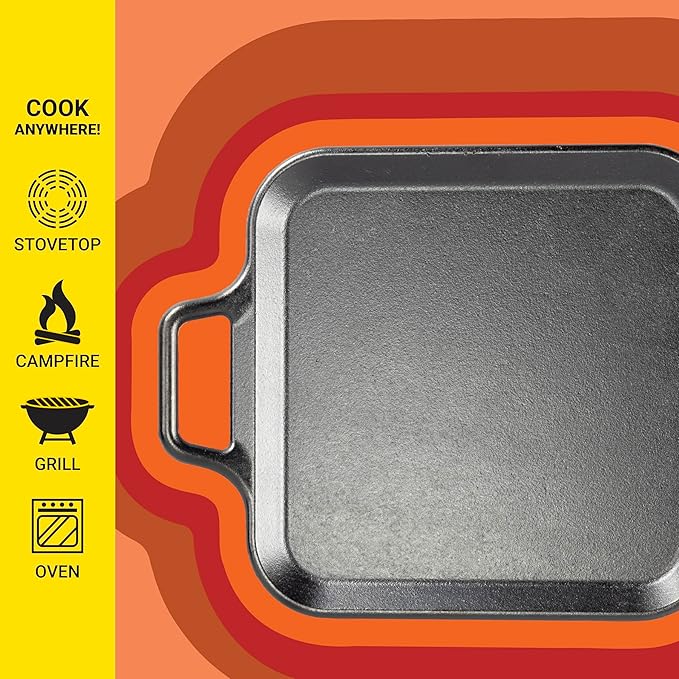 Lodge BOLD 12 Inch Seasoned Cast Iron Square Griddle with Loop Handles, Design-Forward Cookware