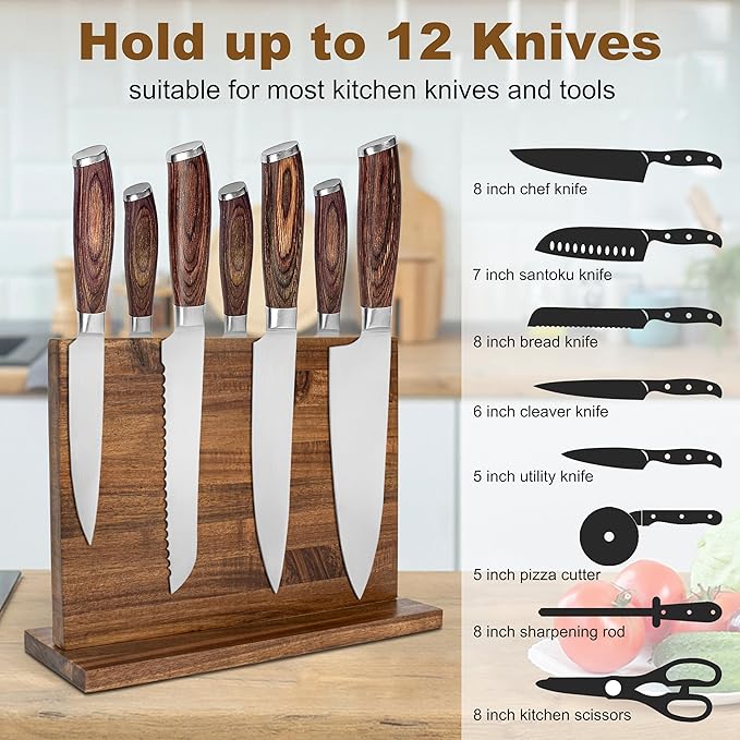 Magnetic Knife Holder,Double Sided Magnetic Knife Block for Kitchen Counter,Acacia Wood Strong Magnet Knife strip
