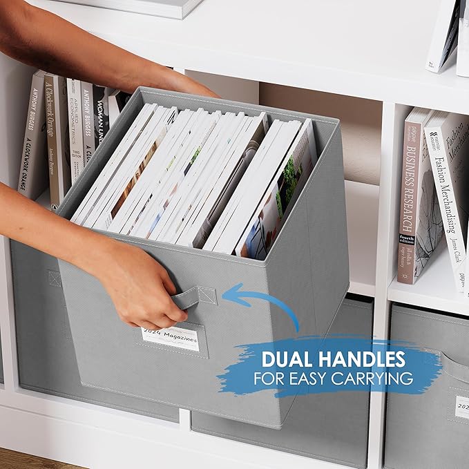 Fabric Storage Cubes for Cube Storage Organizer - 8 Pack Heavy Duty Storage Bins With Labels - 11 Inch Cube Storage Bin (Light Grey)