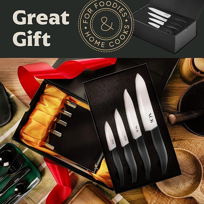 Vos Ceramic Knife Set with Block, Ceramic Knives Set For Kitchen, Ultra Sharp Kitchen Knife Set with Covers, 3" 4" 5" 6" Chef Knife, Utility, Paring & Versatile, Lightweight, Dishwasher safe (Black)