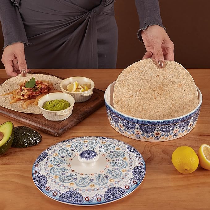 Bico Blue Talavera Ceramic Tortilla Warmer, 8.9 Inch Tortilla Holder with Lid for Taco Bread Pancake for Mexican Night and Party, Microwave and Dishwasher Safe
