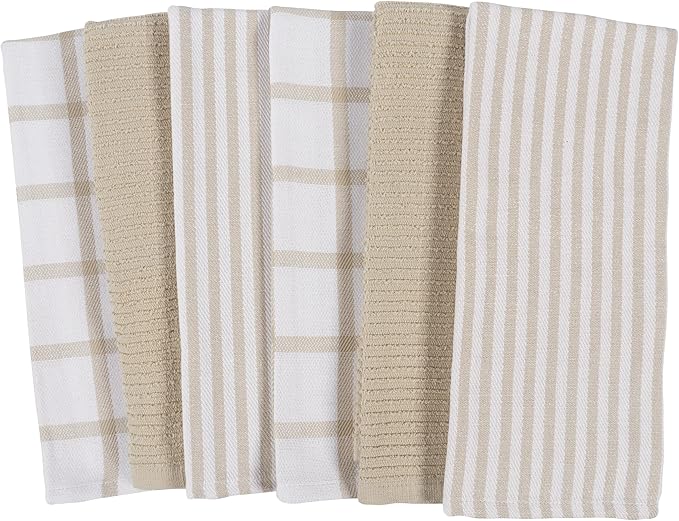 KAF Home Premium Kitchen Towels (18" x 28"), Large 100% Cotton, Flat & Terry Absorbent Dish Towel Set (Beige, 18 x 28-6 Pack)