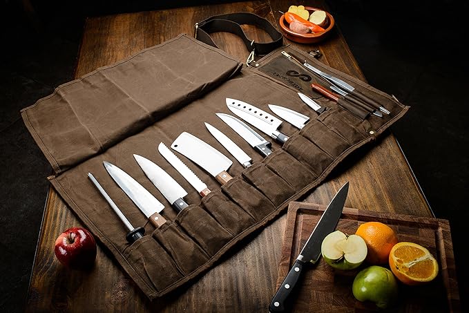 EVERPRIDE Waxed Canvas and Leather Chef Knife Roll Bag – Chef Bag Holds 10 Knives up to 15” PLUS Pocket for Cooking Accessories – Durable Knife Case for Professional Chefs – Knives Not Included