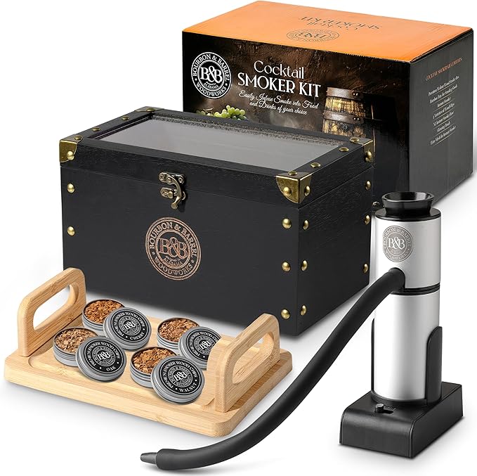 BOURBON&BARREL Cocktail Smoker Kit | Crafted with Walnut Wood | Whiskey Smoker Kit with Instant Smoker, Smoking Box, Food Tray and 4 Varieties of Wood Chips | Old Fashioned Drink Smoker Kit [Black]