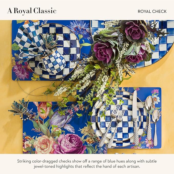 MACKENZIE-CHILDS Enamel Dinner Plate, Decorative Dinnerware Plate, 10 Inches, Set of 4, Blue-and-White Royal Check