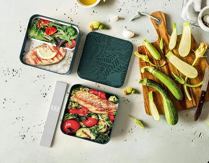 monbento - Large Bento Box MB Square Jungle with Compartments - Leakproof Lunch Box for Work and Meal Prep - BPA Free - Food Grade Safe - Nature Pattern - Green