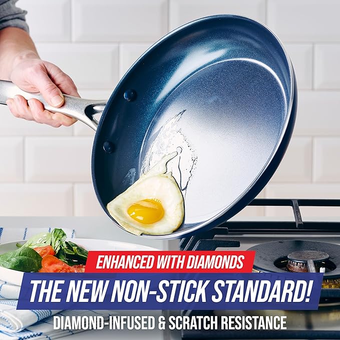 Blue Diamond Frying Pan 8” Skillet, Diamond Infused Healthy Ceramic Nonstick, PFAS and PFOA-Free, Dishwasher and Oven Safe, Even Heating, Metal Utensil Safe, Warp Control Base, Blue (Pack of 4)