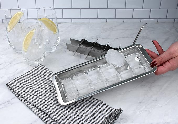 RSVP International Endurance® Vintage Inspired Ice Cube Tray, 11" | Retro Design for Bars & Kitchens | Levers Remove Cubes | Heavy Duty Stainless Steel | Dishwasher Safe