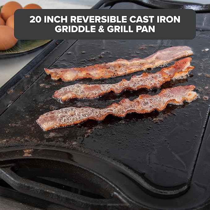 Viking Griddle, 20 Inch Reversible Cast Iron Grill Pan, Pre-Seasoned, Oven Safe, Hand Wash Only, Induction Ready, Black
