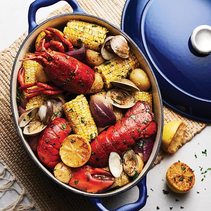 Tramontina Bestow Enameled Cast Iron Oval Dutch Oven Pot with Lid, Large 7-quart, Blue