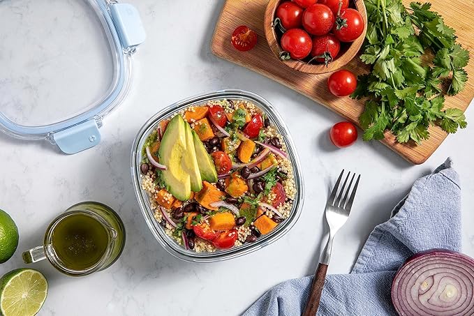 Ello Duraglass Meal Prep Container, 4 cup- Glass Food Storage Container with Silicone Sleeve and Airtight BPA-Free Plastic Lid, Dishwasher, Microwave, and Freezer Safe, Halogen Blue