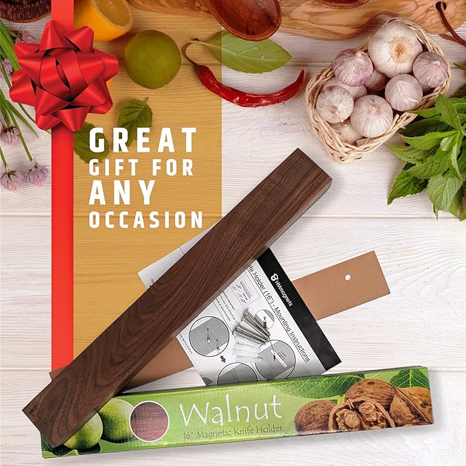 Premium Dark Walnut Wood Magnetic Knife Holder for Wall | 16 Inch | Upgraded Version | Professional Wooden Magnetic Knife Strip - Space-Saving Knife Rack/Knife Bar With Powerful Magnetic Pull Force