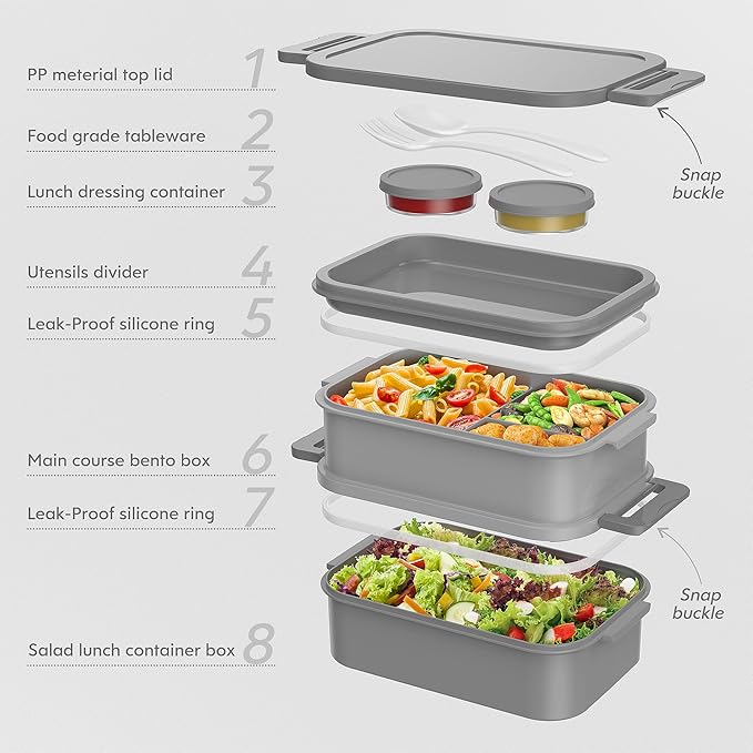 Jelife Adult Bento Box Lunch Box - 3 Layers Stackable Bento Lunch Box for Adults, 72oz Large-Style All-in-One Bento Boxes Leak-Proof Lunchbox with Utensil Sauce Containers for Dining Out,Work, Grey