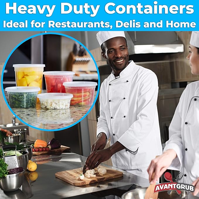 Deli-Grade BPA-Free 8oz Plastic Containers with Lids 48ct. Leakproof Microwavable Portion Container for To-Go Orders, Food Prep and Storage. Reusable Takeout Cups for Restaurant, Cafe and Catering.