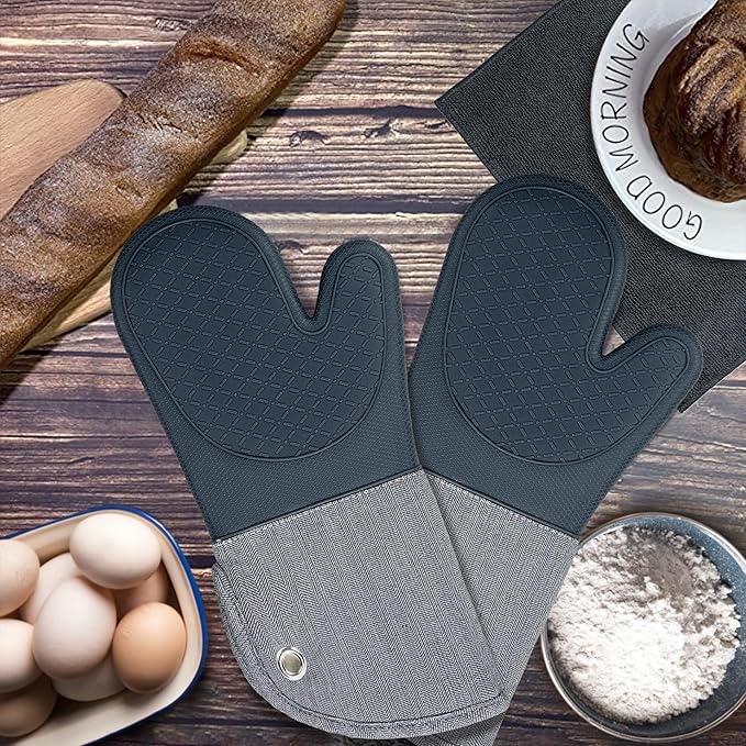 Professional Microwave Silicone Oven Mitts one Pair, Kitchen Mitten Set for Heat Resistant with 500 Degrees, Kitchen Gloves Pot Holder for BBQ Cooking Baking (Gray)