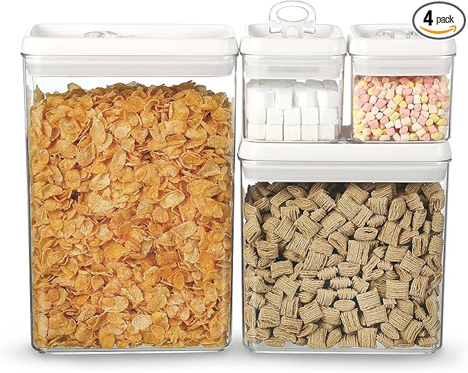 Felli Flip Tite Storage Container with Lid 4" RECTANGULAR Air Tight Ring Flip Top, Stackable Acrylic Canister for Kitchen Counter Pantry, Cereal Granola Pasta Spice, Christmas Gift (4pk, Variety)