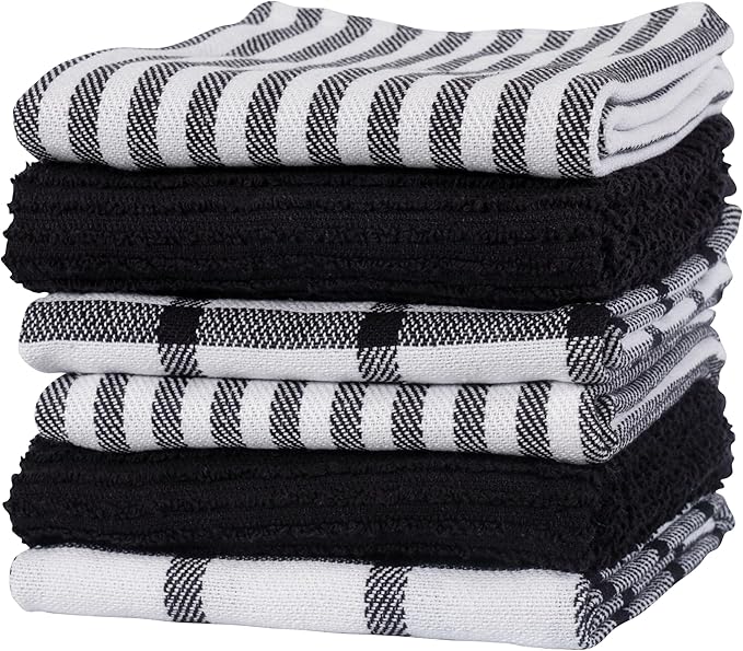 KAF Home Premium Kitchen Towels (18" x 28"), Large 100% Cotton, Flat & Terry Absorbent Dish Towel Set (Black, 18 x 28-6 Pack)