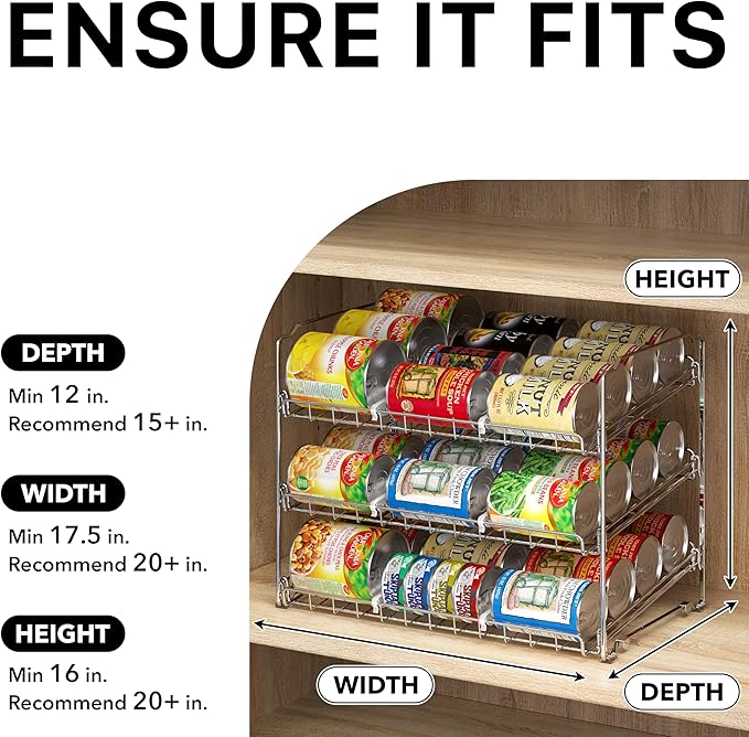 Simple Houseware Stackable Can Organizer Rack for Pantry/Cabinet – 11.5" D x 17" W x 13.75" H, Holds 36 Cans, 3-Tier Can Food Storage Dispenser, Chrome