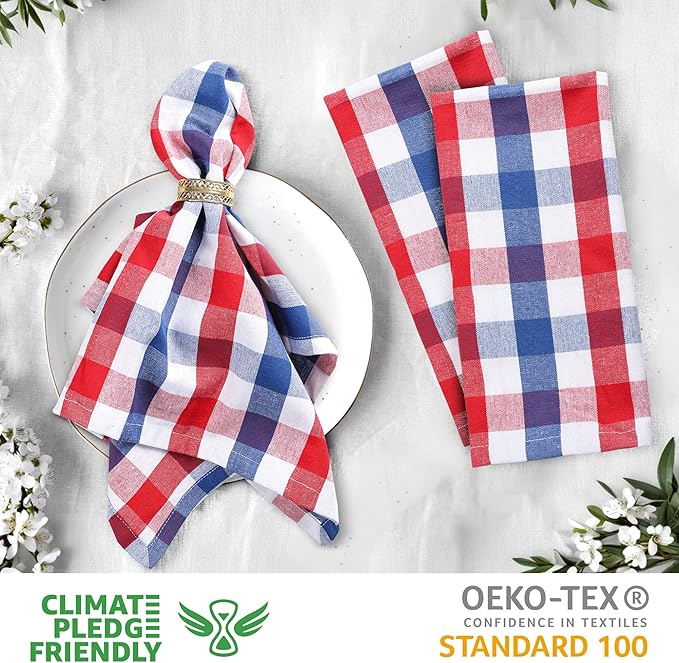 Urban Villa Cotton Dinner Napkins Set of 6, 20x20 Inche Soft Premium Cotton Napkins, Hotel Quality Highly Absorbent, Reusable & Washable Table Dinner Napkins (Red/Blue/White, Buffalo Checks)