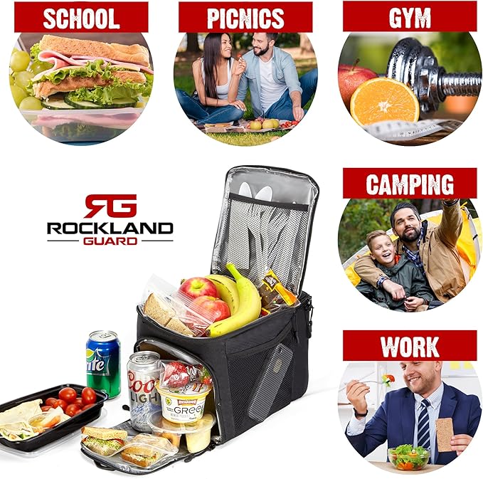 Rockland Guard Insulated Lunch Bag for Men - Lunch Box for Women with Compartments for Meal Prep Containers, Bottles, Snacks, Extra Storage Pockets - Lunchbox for Work, Travel, Picnic, Camping - Black