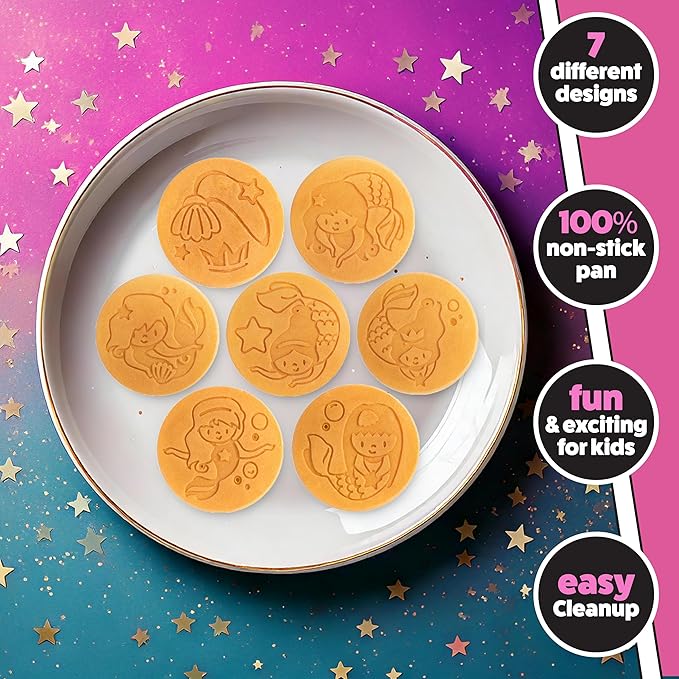 Mermaid Mini Pancake Pan - Make 7 Different Flapjack Mermaids, Nonstick Pan Cake Maker Griddle w Long Handle for Under the Sea Fun & Easy Cleanup, Unique Gift for Girls- Great for Breakfast or Brunch