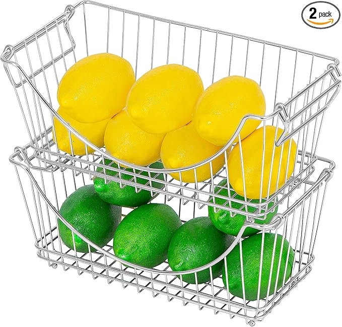 Smart Design Stacking Baskets Organizer w/ Handle - Medium - Steel - for Food, Fruit, & Vegetable Safe - Kitchen (12.63 x 5.5 Inch) [Chrome] (2 Pack)