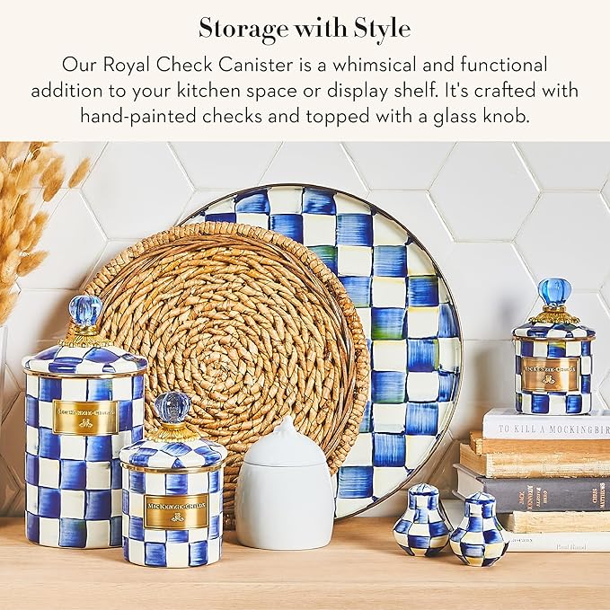 MACKENZIE-CHILDS Large Enamel Canister, Kitchen Storage Container for Flour and Sugar, 1.89 Liters, Blue-and-White Royal Check