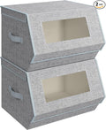 SONGMICS Stackable Storage Bins Set of 2, Storage Boxes with Lids and Front Windows, Non-Woven Fabric Closet Organizers with Magnetic Closures, Side Handles, Dove Gray URLB002W01