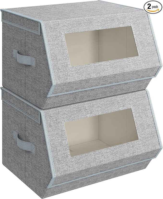 SONGMICS Stackable Storage Bins Set of 2, Storage Boxes with Lids and Front Windows, Non-Woven Fabric Closet Organizers with Magnetic Closures, Side Handles, Dove Gray URLB002W01