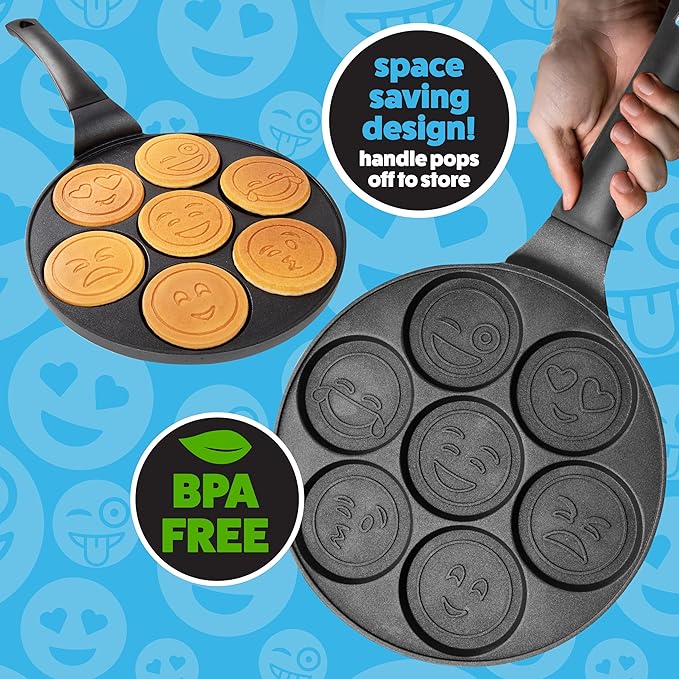 Emoji Mini Pancake Pan- 7 Unique Flapjack Smiley Faces for Kids, Nonstick Pan Cake Maker Stovetop Griddle for Easy Cleanup, Long Handle for Easy Holding, Breakfast Gift- Officially Licensed by Emoji