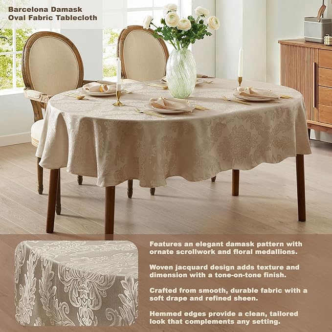 Newbridge Barcelona Luxury Damask Fabric Tablecloth, 60” Wide x 84” Oval, Golden Beige, 100% Polyester, No Iron, Soil Resistant Dining Room, Party and Banquet Table Cover