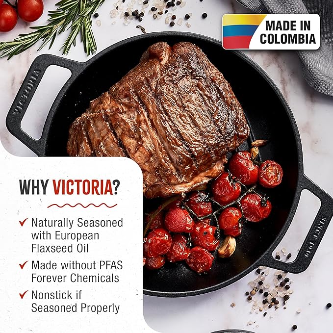 Victoria Cast Iron Round Grill Pan with Double Loop Handles, Made in Colombia, 10 Inches